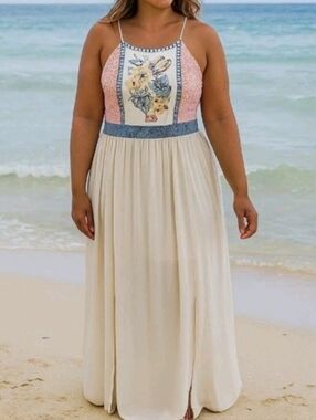 Flying Tomato Cream Dress with Pink, Blue & Yellow Floral Embroidery